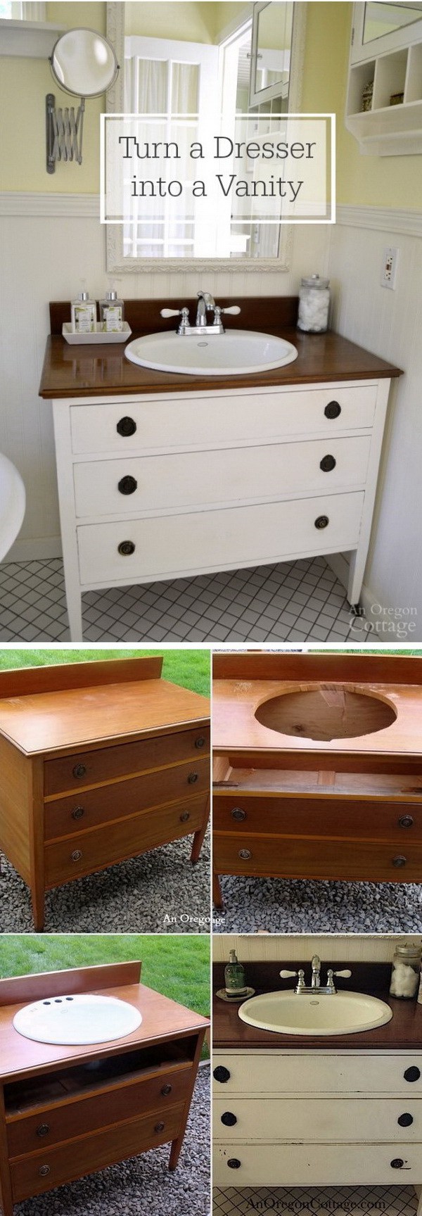 DIY Bathroom Vanity with Drawers for Storage: Get an old table from your garage or at a flea market, trace the sink hole, lay a sink in the opening...now you have this stylish and useful vanity for your bathroom. The drawers below can be a great storage solution for your bathroom supplies or other daily supplies. 