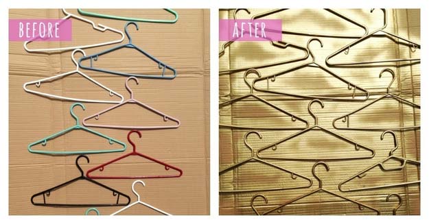 Gold DIY Projects and Crafts - Gold Plastic Hangers - Easy Room Decor, Wall Art and Accesories in Gold - Spray Paint, Painted Ideas, Creative and Cheap Home Decor - Projects and Crafts for Teens, Apartments, Adults and Teenagers http://diyprojectsforteens.com/diy-projects-gold