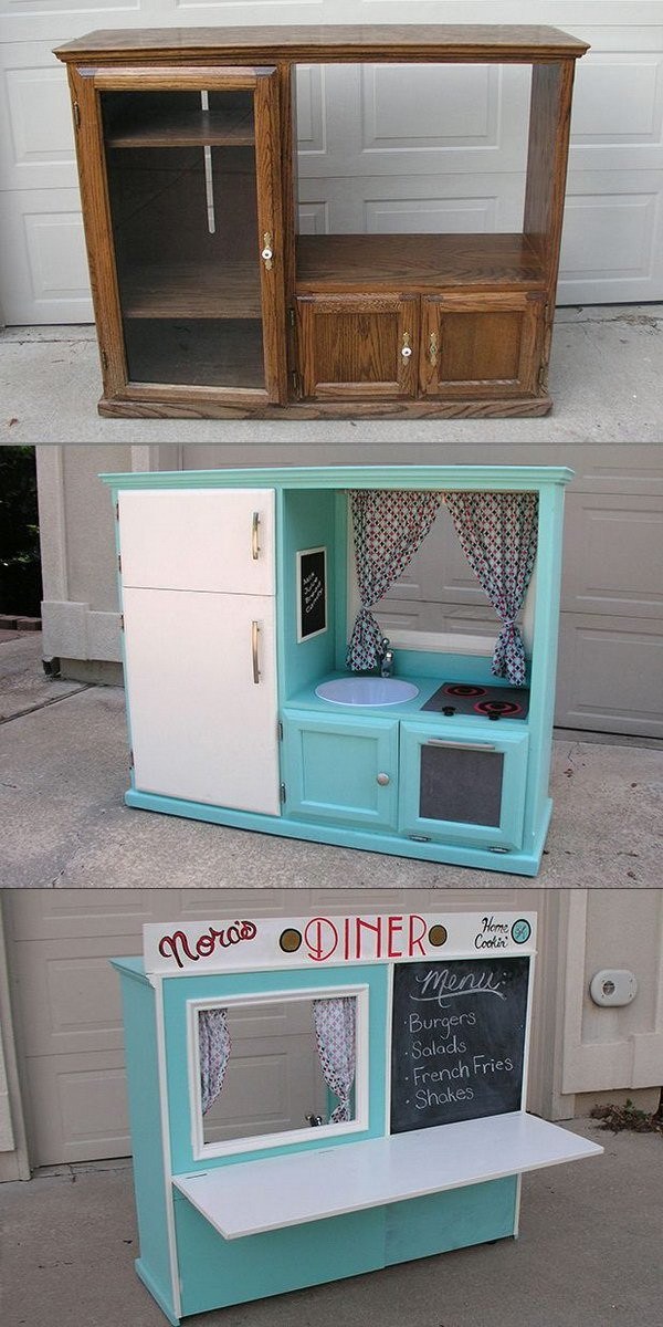 Turn an Old Cabinet into a Kid’s Play Kitchen: Make a fantastic play kitchen out of an old cabinet for your kids with the instructions. 