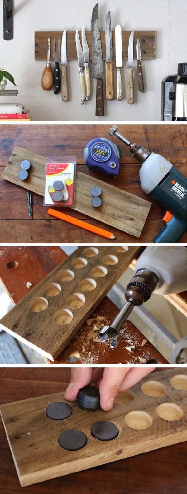 DIY Rustic Wall Rack: This exposed magnetic knife rack is super useful for maximizing storage space and providing easy access to kitchen tools. 