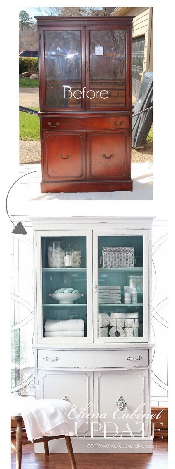 Thrift Store China Cabinet Makeover. Give your old cabinet a new shabby chic look with some paint and hardwares! 