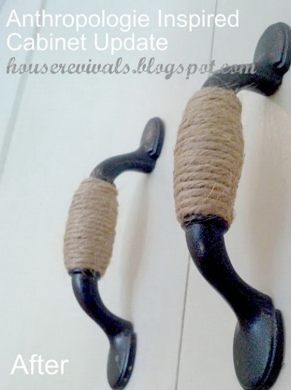 DIY Twine Wrapped Cabinet Handles: Simply wrap the handles in twine. It gives your kitchen a great rustic look.