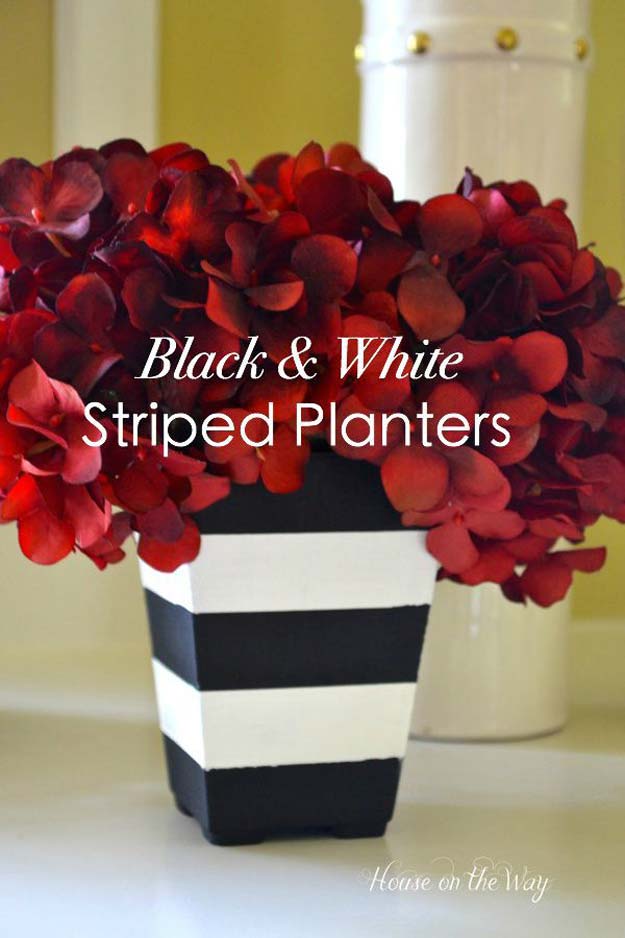 DIY Room Decor Ideas in Black and White - Black and White Stripe Planters - Creative Home Decor and Room Accessories - Cheap and Easy Projects and Crafts for Wall Art, Bedding, Pillows, Rugs and Lighting - Fun Ideas and Projects for Teens, Apartments, Adutls and Teenagers http://diyprojectsforteens.com/diy-decor-black-white