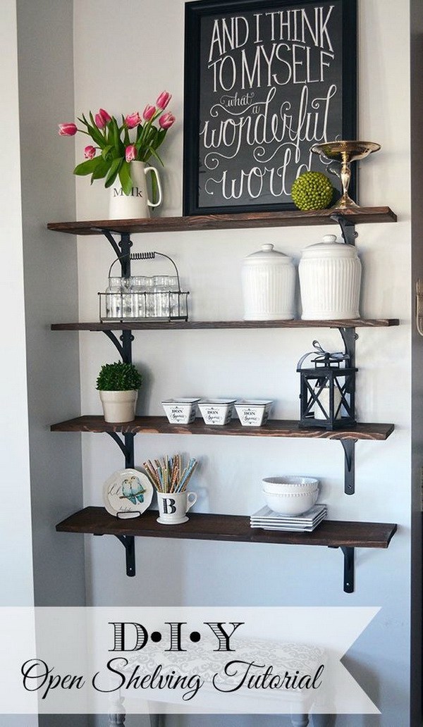 DIY Stained Open Kitchen Shelving: Build a stained, open kitchen wall shelving in the kitchen and add storage.