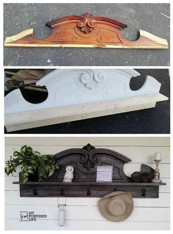 DIY Useful Coat Rack Shelf Repurposed from Hutch Top. 