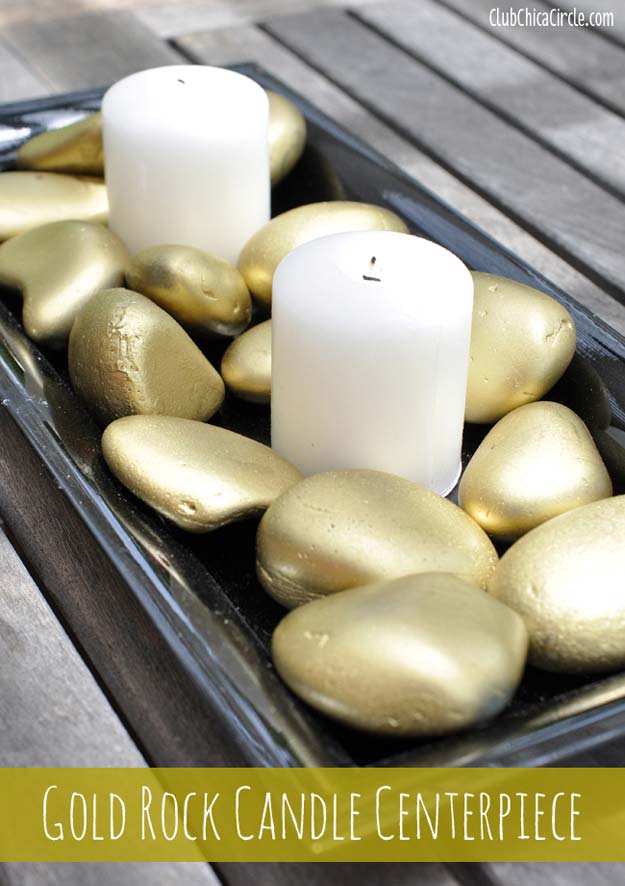 Gold DIY Projects and Crafts - Gold Rock Candle Centerpiece - Easy Room Decor, Wall Art and Accesories in Gold - Spray Paint, Painted Ideas, Creative and Cheap Home Decor - Projects and Crafts for Teens, Apartments, Adults and Teenagers http://diyprojectsforteens.com/diy-projects-gold