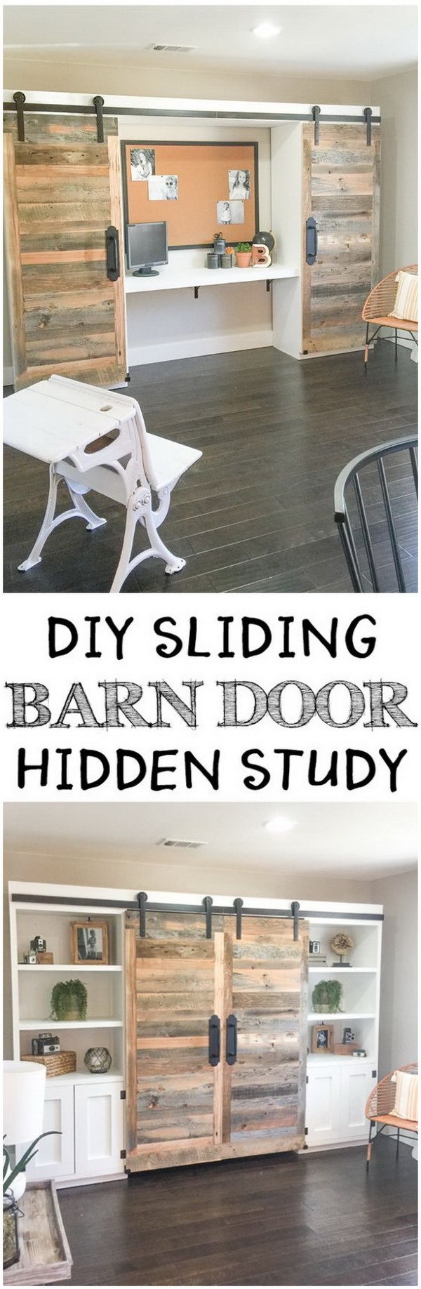 Rustic DIY Sliding Barn Doors. Upcycle an old door from a salvage shop and the materials into a sliding barn door hidden desk system! It saves much space and can also add a charming rustic look to your home. Perfect home office piece! 