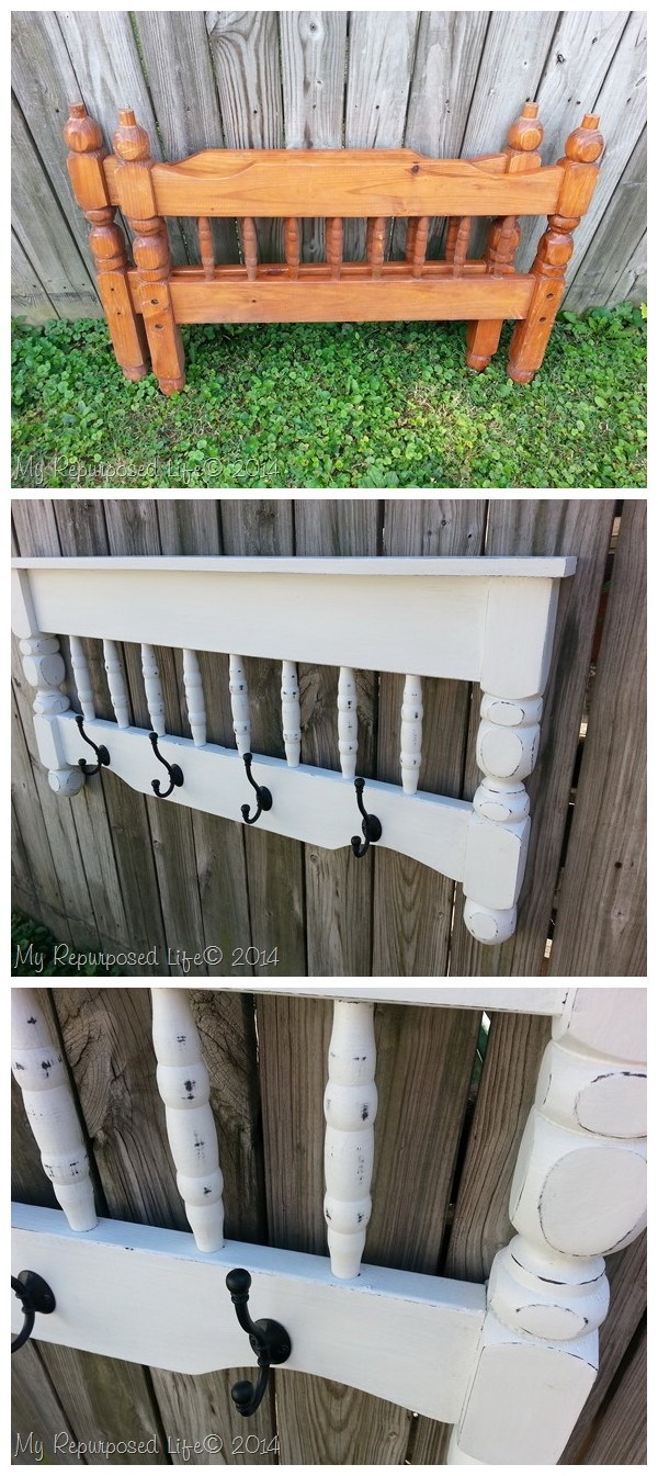 DIY Coat Rack Repurposed Bunk Bed: Repurpose a bunk bed into a small shelf and coat rack. 