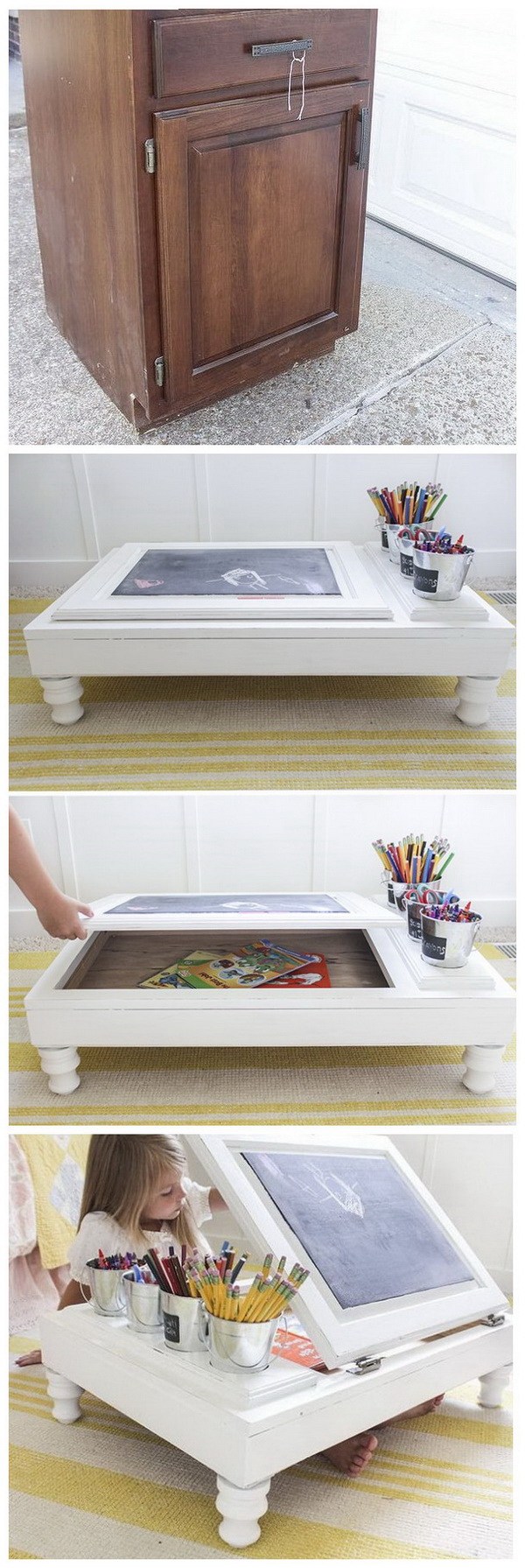 DIY Child’s Desk with Kitchen Cabinet: Never throw away old cabinets next time. Repurpose them into a portable desk for your elementary-aged child with the tutorial here. 