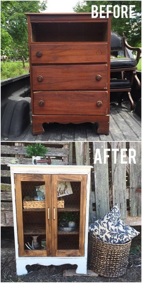 DIY Farmhouse Display Cabinet From Old Chest of Drawers. Turn this little chest of drawers into the cutest little farmhouse display cabinet with a bit of woodworking skills.