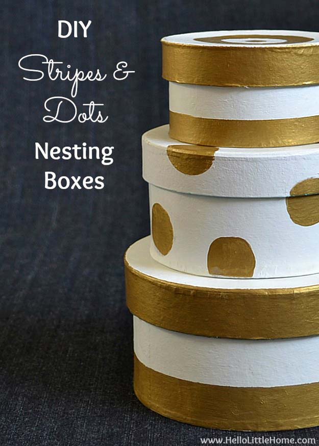 Gold DIY Projects and Crafts - DIY Stripes & Dots Nesting Boxes - Easy Room Decor, Wall Art and Accesories in Gold - Spray Paint, Painted Ideas, Creative and Cheap Home Decor - Projects and Crafts for Teens, Apartments, Adults and Teenagers http://diyprojectsforteens.com/diy-projects-gold