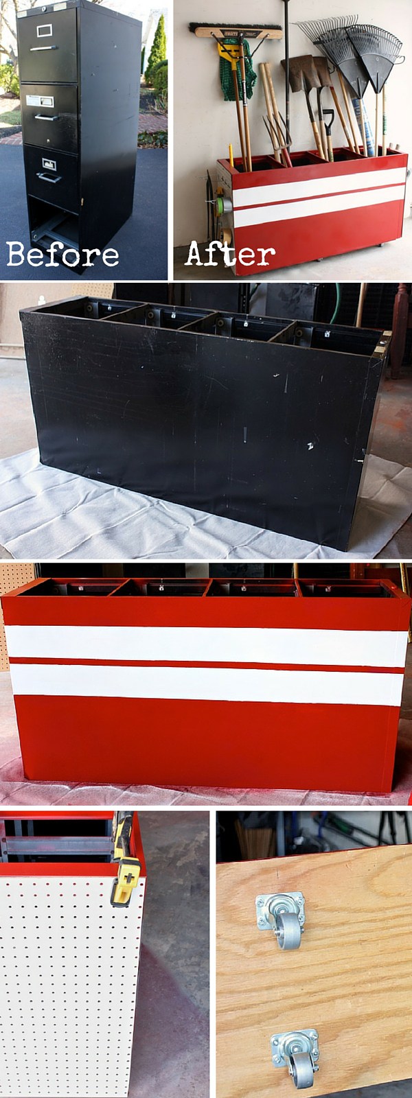 Old Filing Cabinet to a Garage Storage Unit. Turn a filing cabinet into a creative storage unit to keep various tools and household items in your garage. 