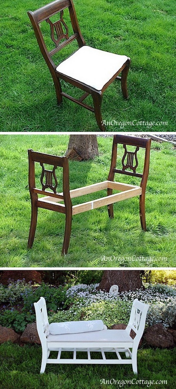French-Style Bench From Old Chairs: Never throw away those old or broken dining room chairs, you can turn them into a cozy indoor or outdoor bench like this one. 