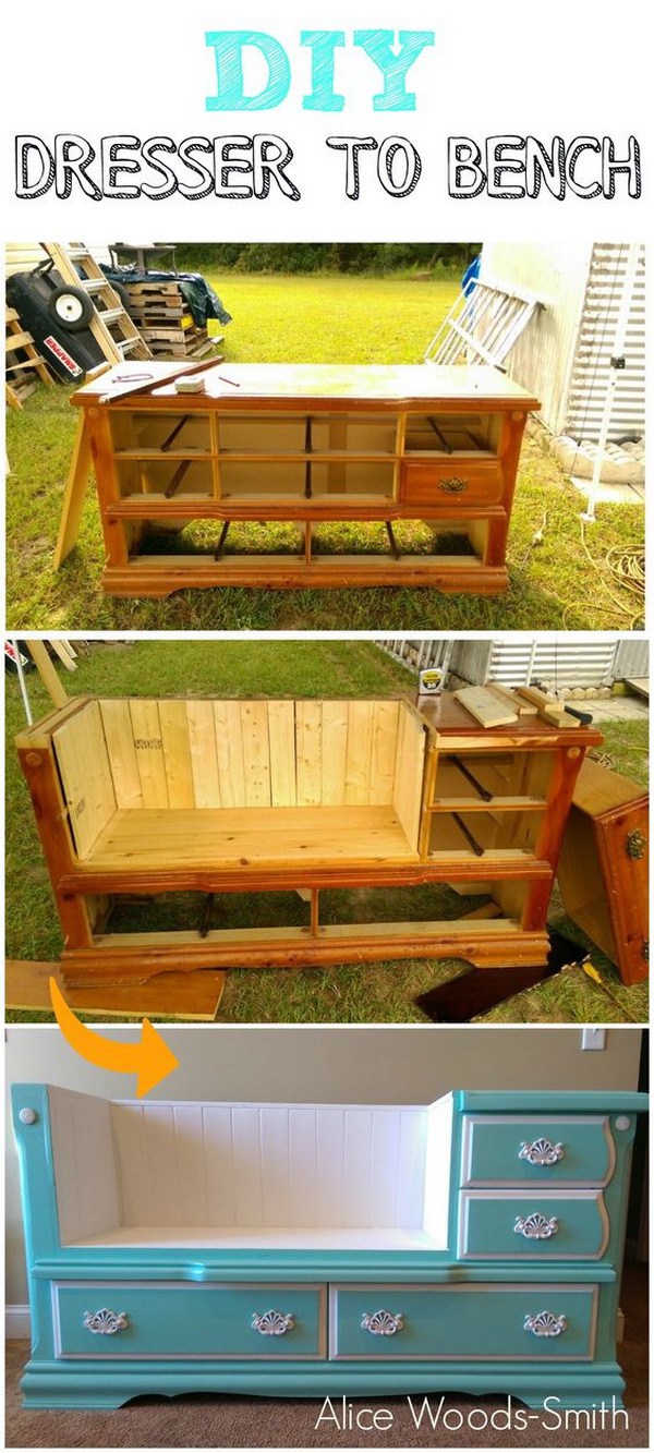 DIY Dresser To Bench: Turn an old dresser into a new stunning and functional bench with some woodworking skills and paints. It is perfect and budget friendly DIY furniture piece for your home! 