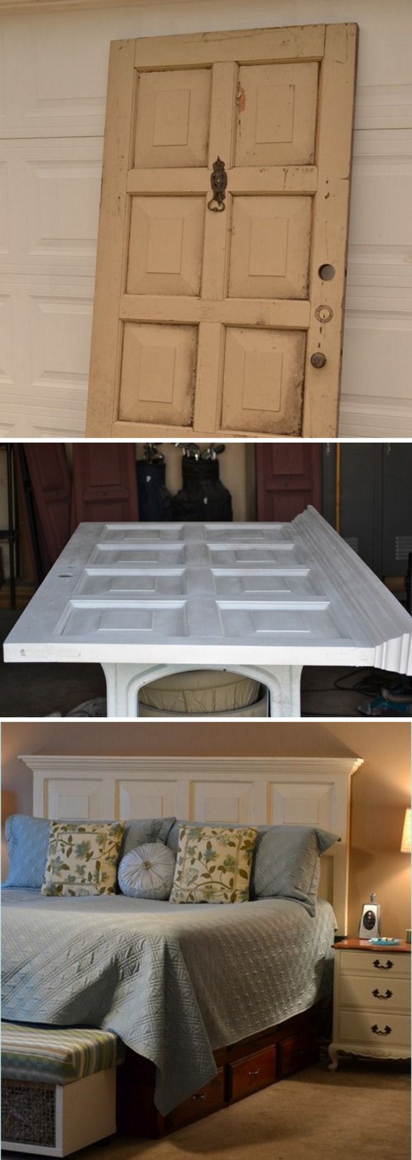 DIY Door Headboard: A creative way to upcycle your old doors! Like this one, you can turn the old door into a gorgeous DIY headbord with some white paint and a bit of handiwork. 
