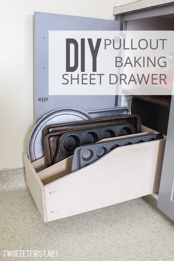 DIY Pullout Baking Sheet Drawer. Get some pieces of wood and create this pullout sheet drawer. Easy and quick to make and great for a kitchen rack to organize all the bakeware. 