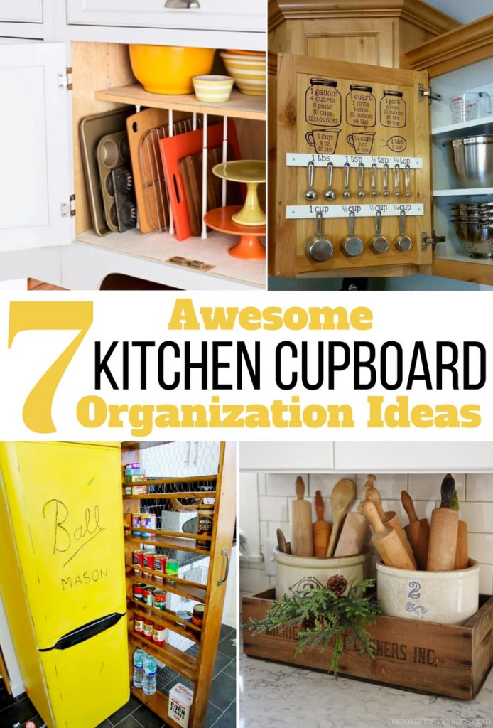 7 DIY kitchen cupboard Organizing ideas and hacks! Wether you have a small kitchen or live in a rental home, these tips will help you organize your cupboards like a pro and on the cheap! Simple and easy ways to help you organize your entire kitchen with containers, jars and labels and more! Get those cupboards, draws and pantry under control once and for all.