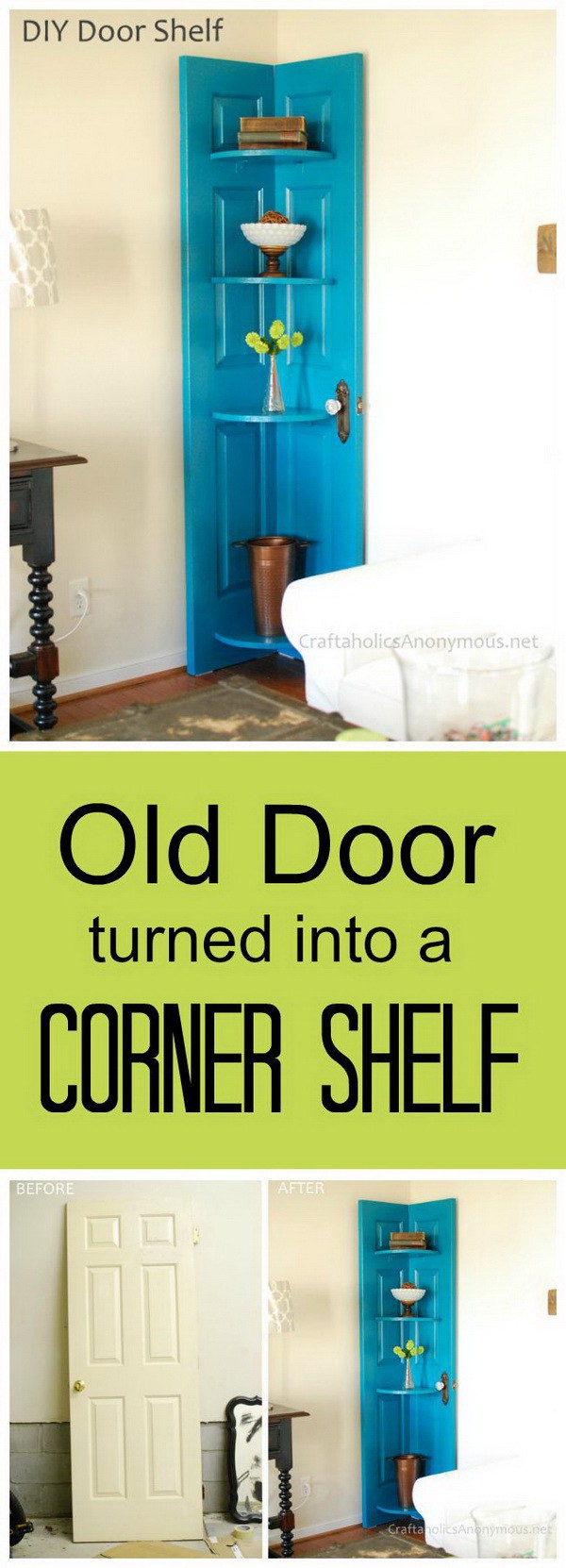 DIY Door Corner Shelf: Turn an old door that you don't want to use into this gorgeous and functional corner shelf for any room in your house with some spray paint and a bit of woodworking skills!