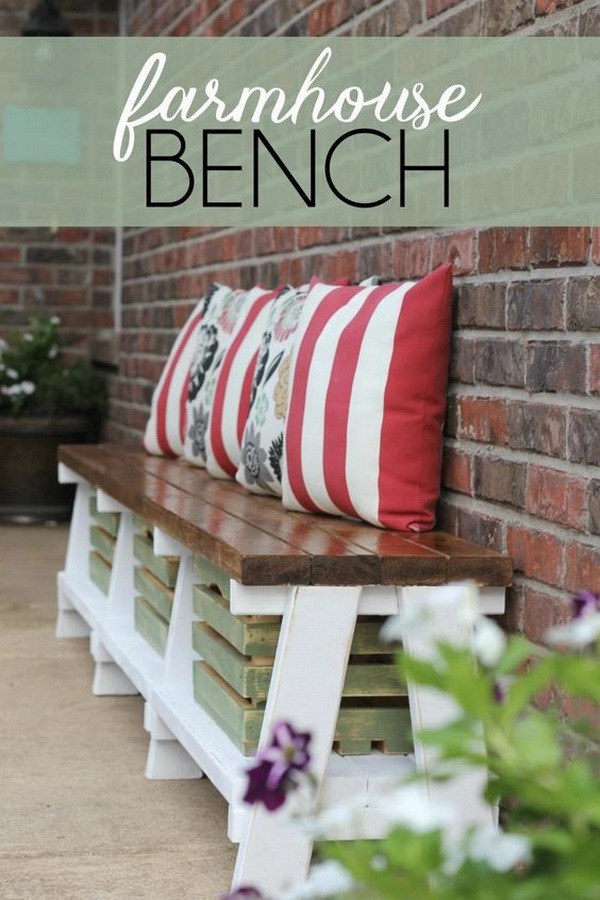 DIY Farmhouse Outdoor Bench. Create a DIY farmhouse bench with an option for extra storage underneath and add more seating to your outdoor space! 