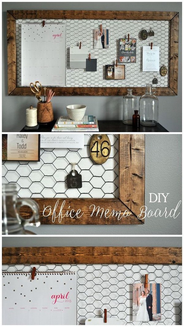 DIY Rustic Office Memo Board. This DIY rustic memo board makes for better organization in any office! You can use the clothespins to hang work lists or any cherish photos or pictures you want to diaplay. 