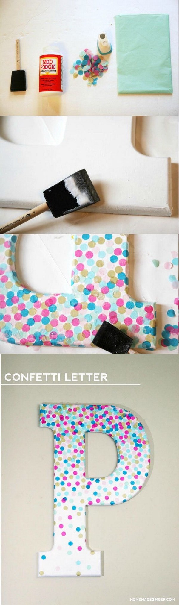 DIY Confetti Letter For Home Decor: Use a letter, Mod Podge, and real confetti to make cool decor project! Perfect for a kids' room or craft studio. 