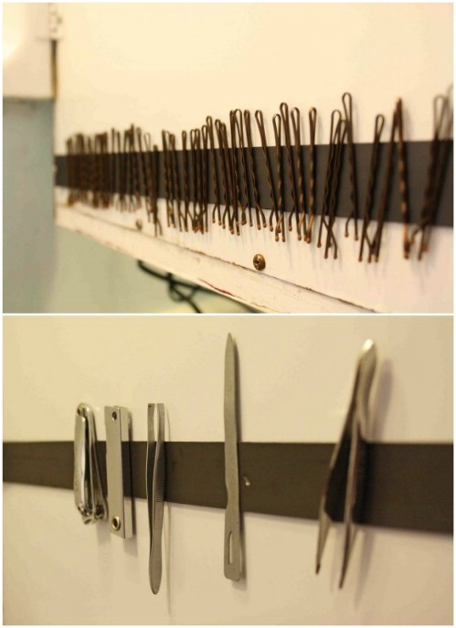 Magnetic Strips Keep Bobby Pins in Place - 150 Dollar Store Organizing Ideas and Projects for the Entire Home