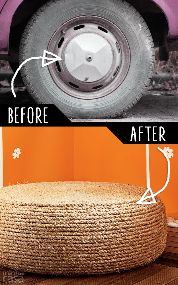 DIY Furniture Hacks | An Old Tire into a Rope Ottoman | Cool Ideas for Creative Do It Yourself Furniture | Cheap Home Decor Ideas for Bedroom, Bathroom, Living Room, Kitchen - http://diyjoy.com/diy-furniture-hacks