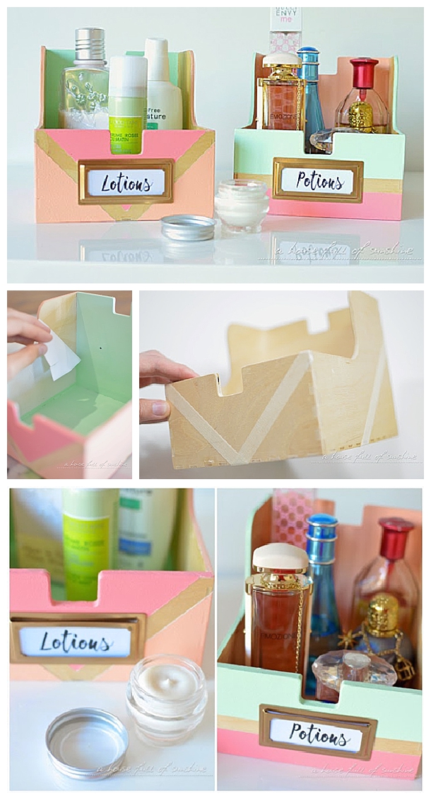 DIY Bathroom Organization Ideas - Upcycle old CD storage boxes into cute toiletry holders for the Bathroom - Do it yourself Project tutorial via i heart organizing #bathroomorganization #bathroomideas #bathroomhacks #bathroomtips #organizethebathroom