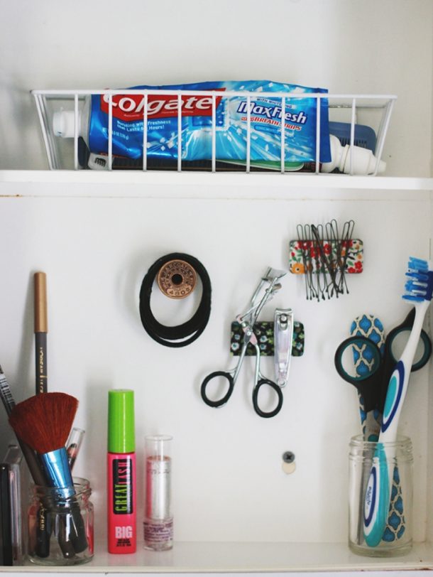 DIY Bathroom Organization Ideas - Create Pretty Do it Yourself Magnets to organize the small metal items inside of your Medicine Cabinet - Step by Step Tutorial via The Merr #bathroomorganization #bathroomideas #bathroomhacks #bathroomtips #organizethebathroom