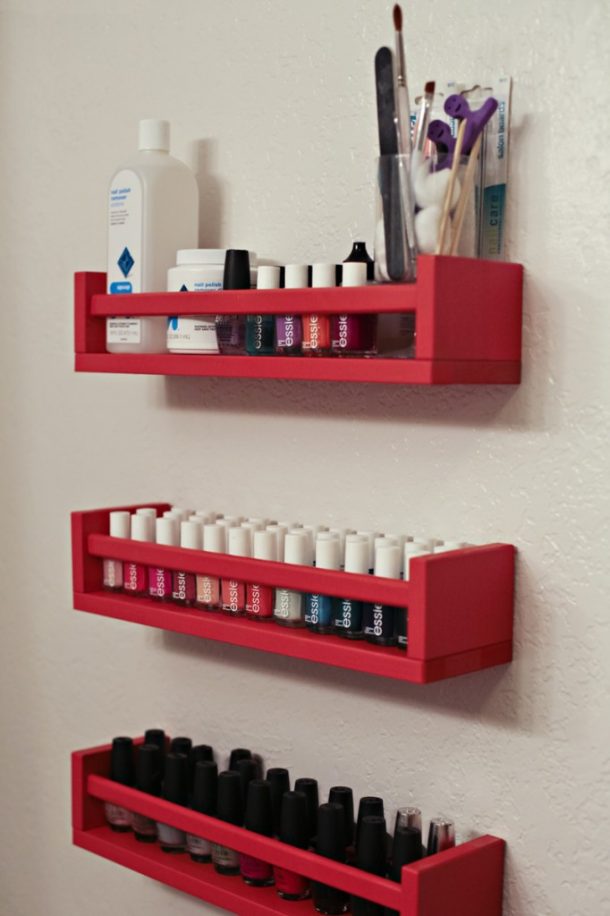 DIY Bathroom Organizer Ideas - Use Old Cheap Spice Racks and repaint to mount in the bathroom as beauty supply storage - Do it Yourself Project Tutorial via This Moms Gonna #bathroomorganization #bathroomideas #bathroomhacks #bathroomtips #organizethebathroom