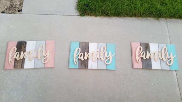 DIY Family Word Art Sign Woodworking Project Tutorial Layed Out signs before painting the words