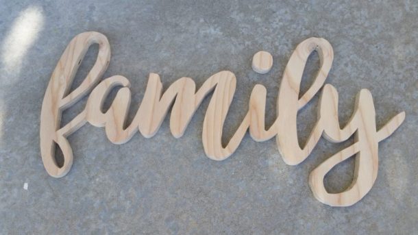 DIY Family Word Art Sign Woodworking Project Tutorial Using Scroll Saw to Cut out Word Art then sand