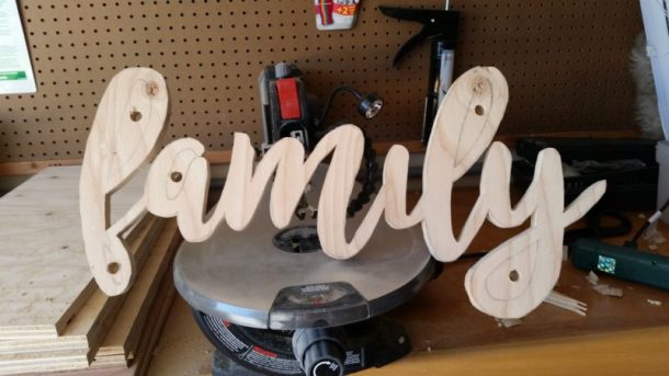 DIY Family Word Art Sign Woodworking Project Tutorial Using Scroll Saw to Cut out Word Art
