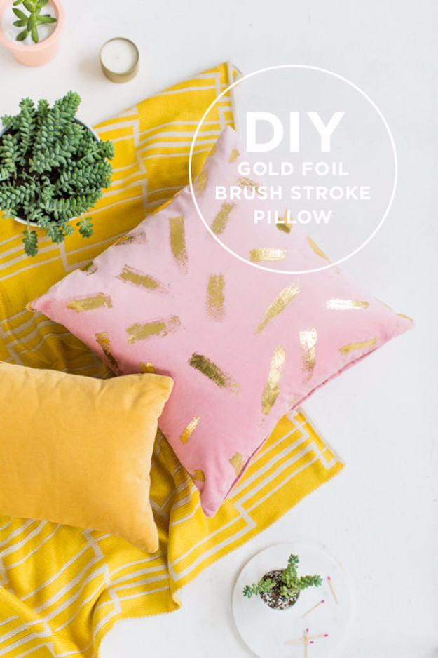 Best DIY Gifts for Girls - DIY Gold Foil Brush Stroke Pillow - Cute Crafts and DIY Projects that Make Cool DYI Gift Ideas for Young and Older Girls, Teens and Teenagers - Awesome Room and Home Decor for Bedroom, Fashion, Jewelry and Hair Accessories - Cheap Craft Projects To Make For a Girl for Christmas Presents http://diyjoy.com/diy-gifts-for-girls
