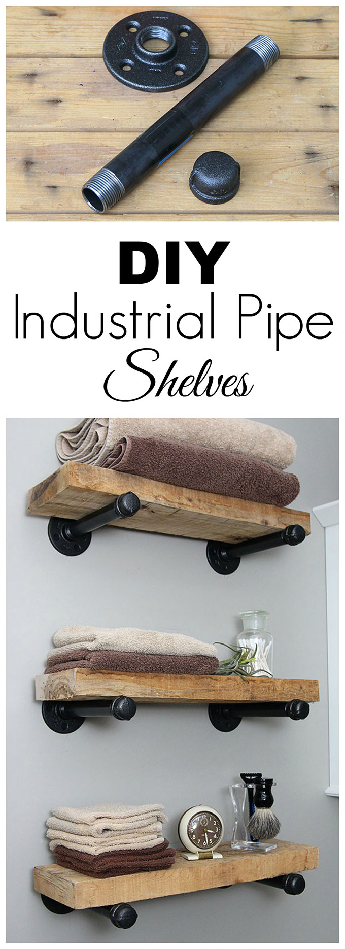 Super easy step by step tutorial for how to make DIY industrial pipe shelves at a fraction of the cost of the store bought version. These would look great with both farmhouse and industrial home decor! #diyproject #industrialstyle #DIYHomeDecor #industrialdecor #homedecorideas