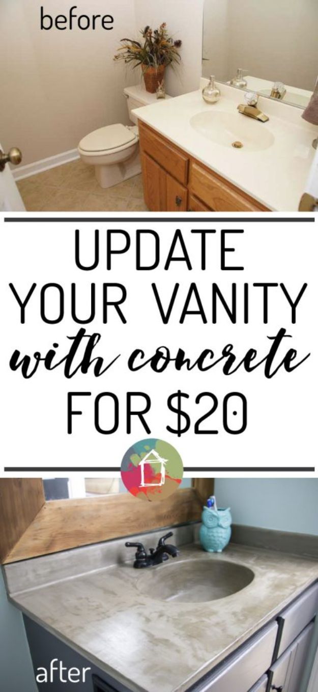 DIY Home Improvement On A Budget - DIY Vanity Concrete Overlay - Easy and Cheap Do It Yourself Tutorials for Updating and Renovating Your House - Home Decor Tips and Tricks, Remodeling and Decorating Hacks - DIY Projects and Crafts by DIY JOY #diy #homeimprovement #diyhome #diyideas #homeimprovementideas http://diyjoy.com/diy-home-improvement-ideas-budget