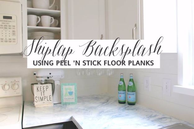 DIY Home Improvement On A Budget - Faux Shiplap Backsplash with Peel ‘n Stick Flooring - Easy and Cheap Do It Yourself Tutorials for Updating and Renovating Your House - Home Decor Tips and Tricks, Remodeling and Decorating Hacks - DIY Projects and Crafts by DIY JOY #homeimprovement #diyhome #diyideas #homeimprovementideas http://diyjoy.com/diy-home-improvement-ideas-budget