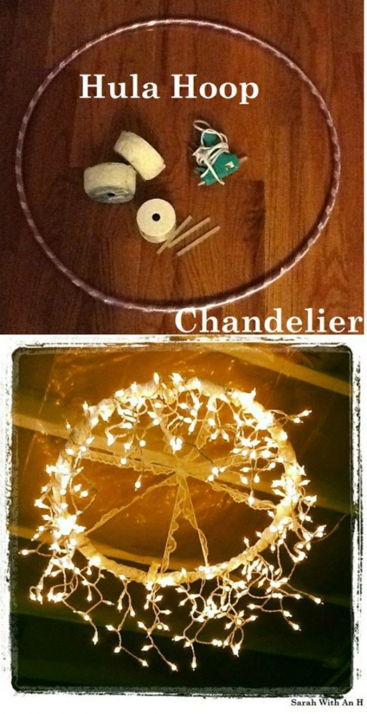 Chandalier made with lights and a hula hoop.