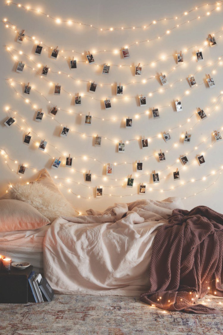 Using string lights as a framless picture frame.