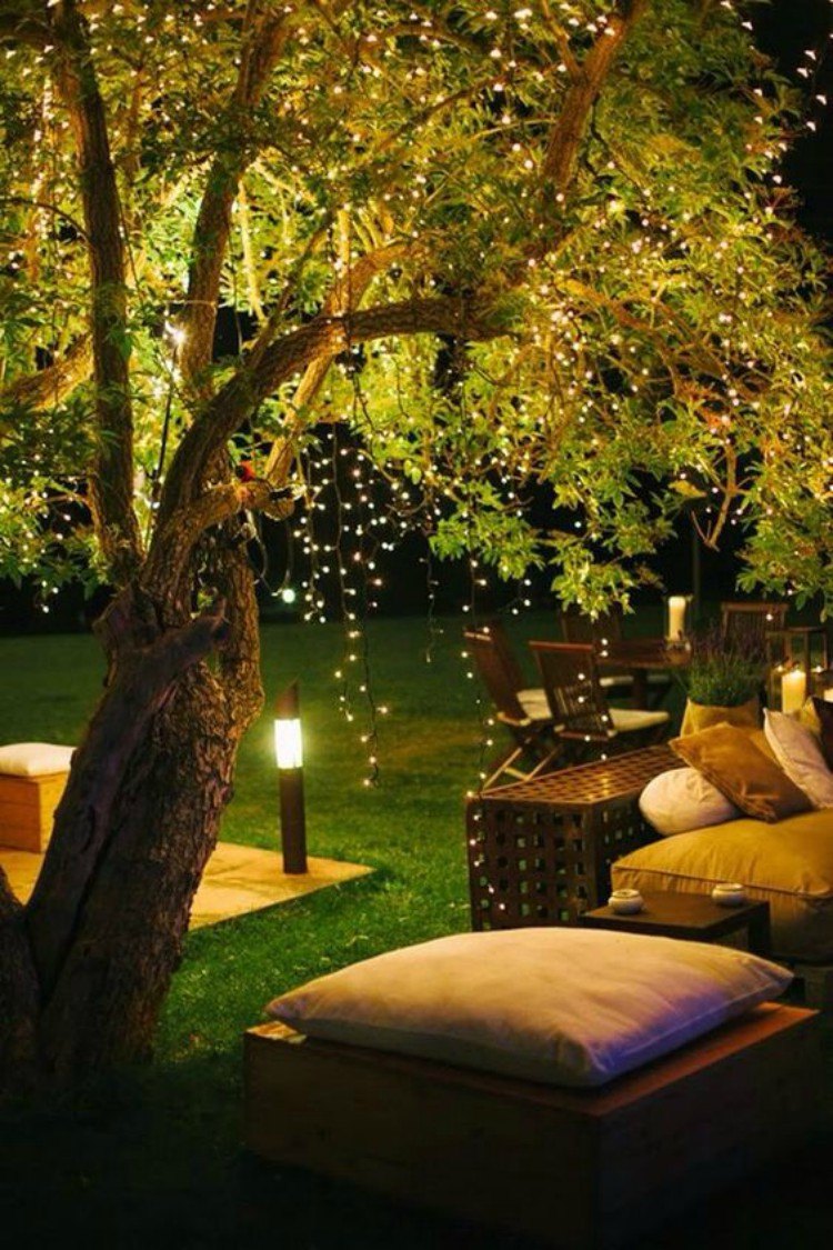 Fairy lights used to decorate an outdoor space.