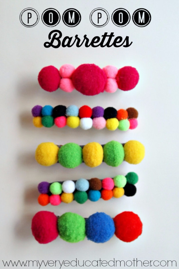 Best DIY Gifts for Girls - Pom Pom Barettes - Cute Crafts and DIY Projects that Make Cool DYI Gift Ideas for Young and Older Girls, Teens and Teenagers - Awesome Room and Home Decor for Bedroom, Fashion, Jewelry and Hair Accessories - Cheap Craft Projects To Make For a Girl for Christmas Presents http://diyjoy.com/diy-gifts-for-girls