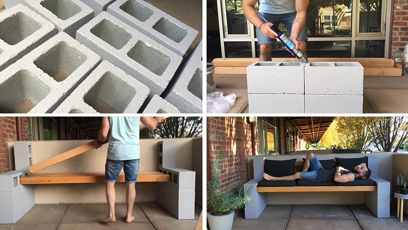 Here's a video tutorial that shows you how to make your own inexpensive DIY outdoor bench using a few concrete blocks and some wood. 