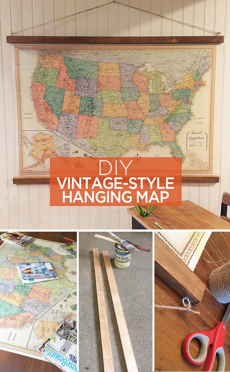 DIY vintage-style hanging map - great ideas to use as home decor or wall art for a home office or kids playroom. This would work great in a classroom or school too.