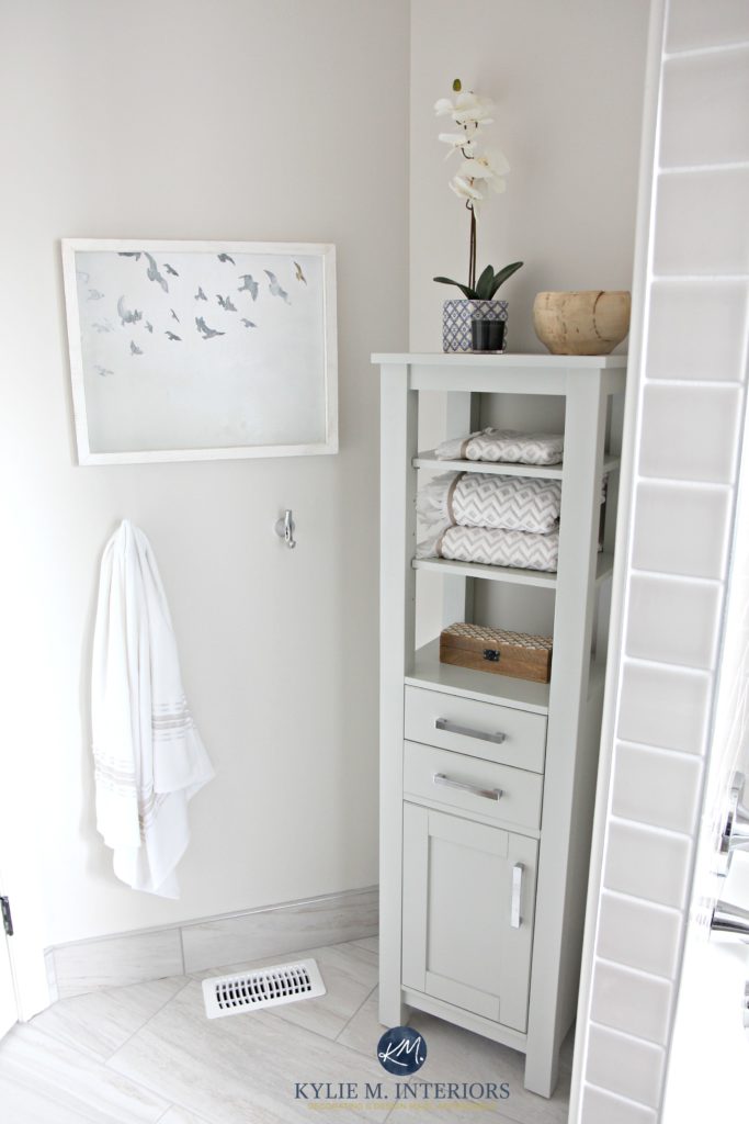 Benjamin Moore Classic Gray, porcelain greige subway tile, gray linen tower with bathroom decor and design by Kylie M Interiors