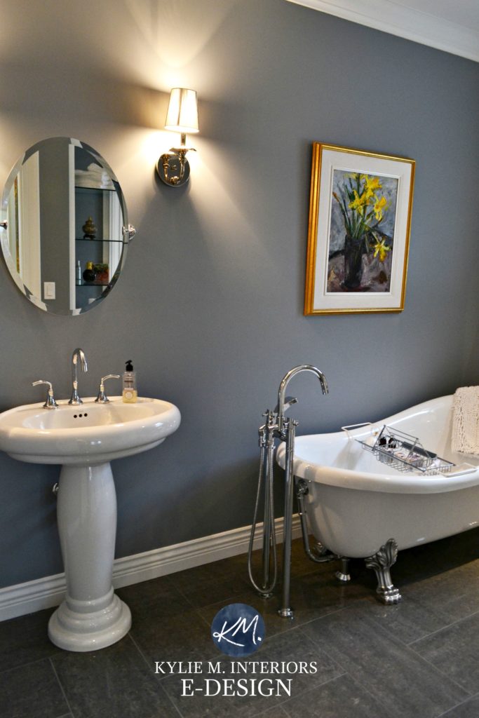 Dark room, bathroom with the best paint colour Dior Gray, Benjamin Moore. Clawfoot tub, porcelain tile floor. Kylie M E-design, color expert