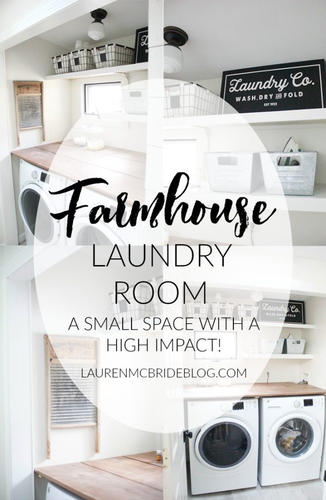 A budget-friendly farmhouse laundry room that's small, yet makes a large impact. The space is not only pretty, but functional for your laundry needs!