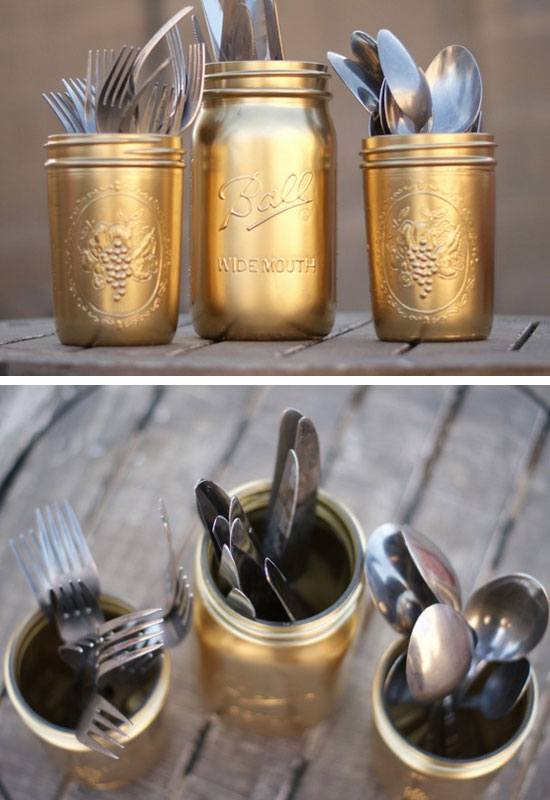 Gold Painted Silverware Mason Jars | Click Pic for 28 DIY Kitchen Decorating Ideas on a Budget | DIY Home Decorating on a Budget