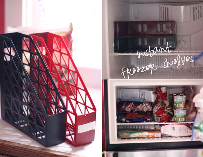 Magazine holders are used as DIY freezer shelves