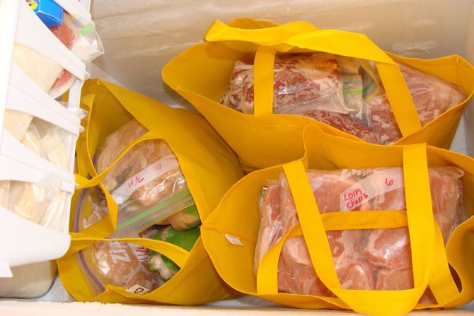 Organize items in reusable shopping bags for easy retrieval