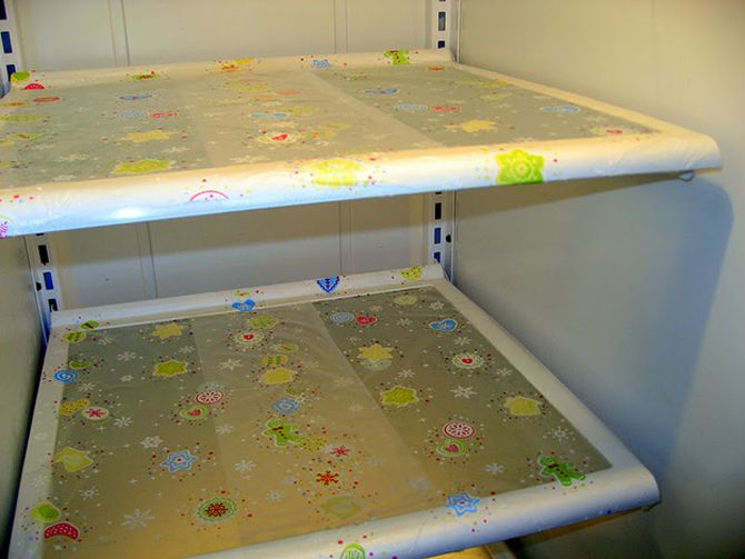 Cover shelves in plastic wrap to avoid messy spills